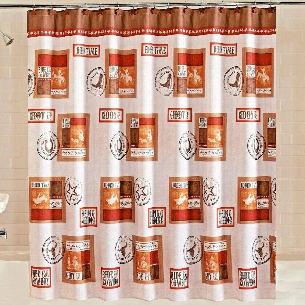 Rodeo Time Shower Curtain Cowboy Riding Boots Horse Country Stars Brown Western